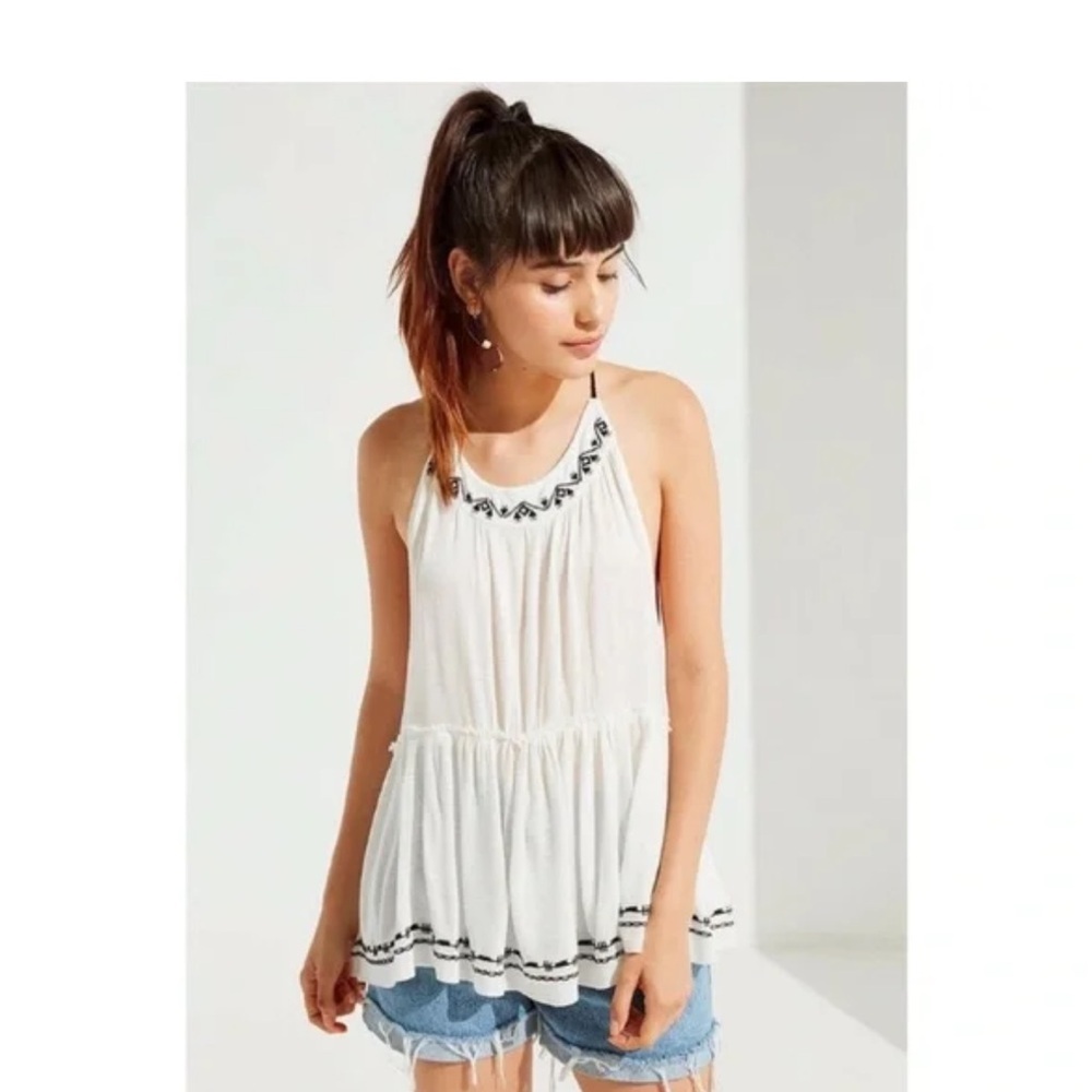Urban Outfitters Women Ivory Embroidered Dream Catcher Tiered Tank Top size S